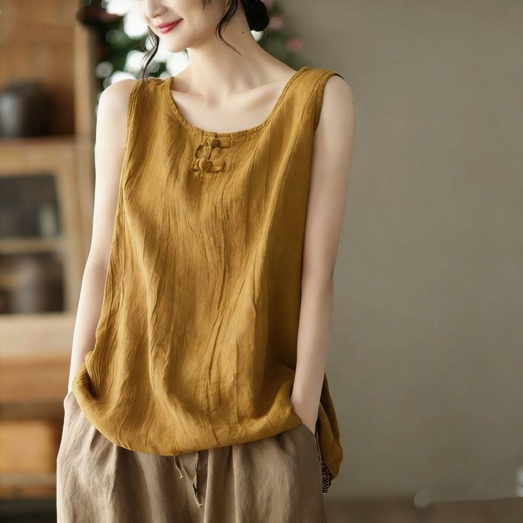 Ethnic Retro Solid Color Cotton Linen Loose Round Neck Frog Button Tank Top Women Outer Wear Casual Top
