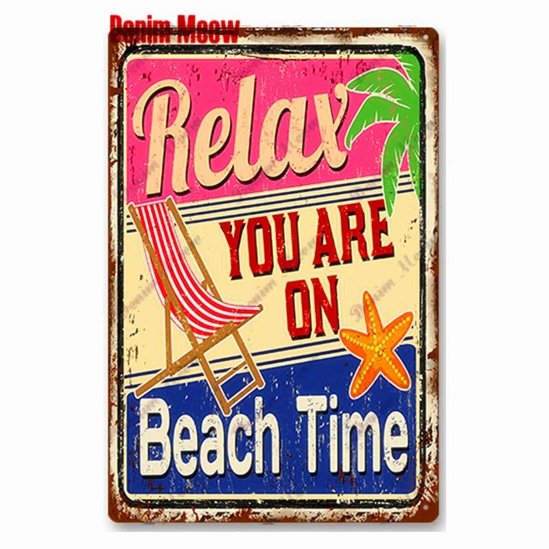 Vintage Beach Time Metal Sign Summer Party Place Plates Relax Surfing Metal Wall Sign Pub Shed Sign Happy Place Decor WY