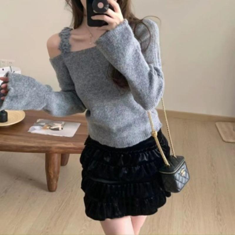 Retro Off Shoulder Pullovers Sweater for Women Autumn Long Sleeve Knitted Sweaters Women Tops Elegant Chic Flower Sling Vintage Winter Knitwear 26052
