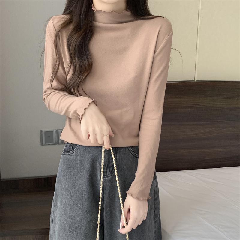 

Autumn Winter Modal Base Layer Thermal Underwear Women Semi High Neck Long Sleeve T Shirt Ruffle Trim Inner Outer Wear Top One Size темно-коричневого