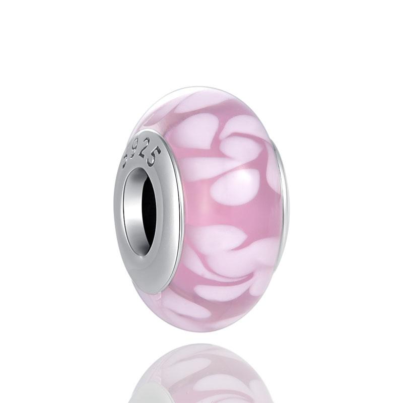 Nouveau Argent Sterling 925 Rose Violet Fleur Verre Murano Bricolage Perles Fines Convient Bracelet à Charms Original Bijoux Femmes