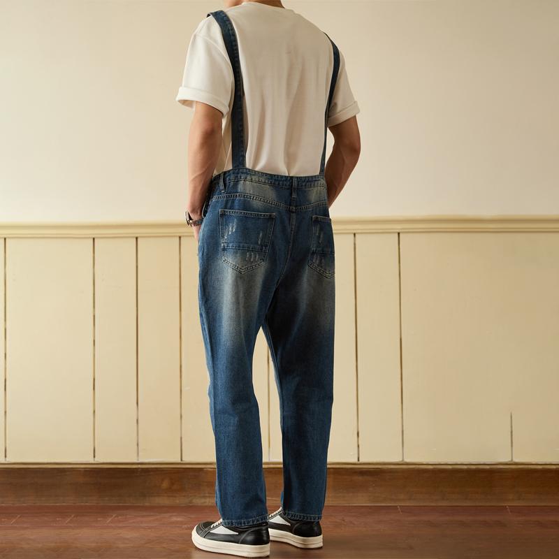 Salopette in Denim Lavato Vintage da Uomo – Salopette con Tasche e Effetto Usurato | Perfetta per Outfit Hip Hop, Skate o Casual