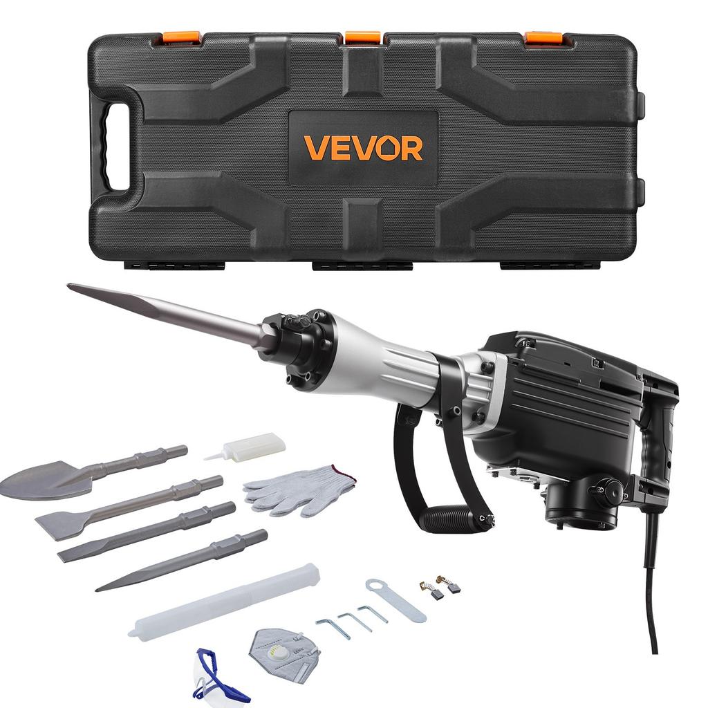 VEVOR Demolition Jack Hammer, 2800 W Powerful Electric Jackhammer, 1200 BPM Concrete Breaker with 3 Chisels, a Clay Spade, Carrying Case, Gloves