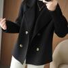 Women Double Breasted Woolen Coat Fall Winter Long Sleeve Thickened Warm Loose Lapel Solid Color Formal Business Style