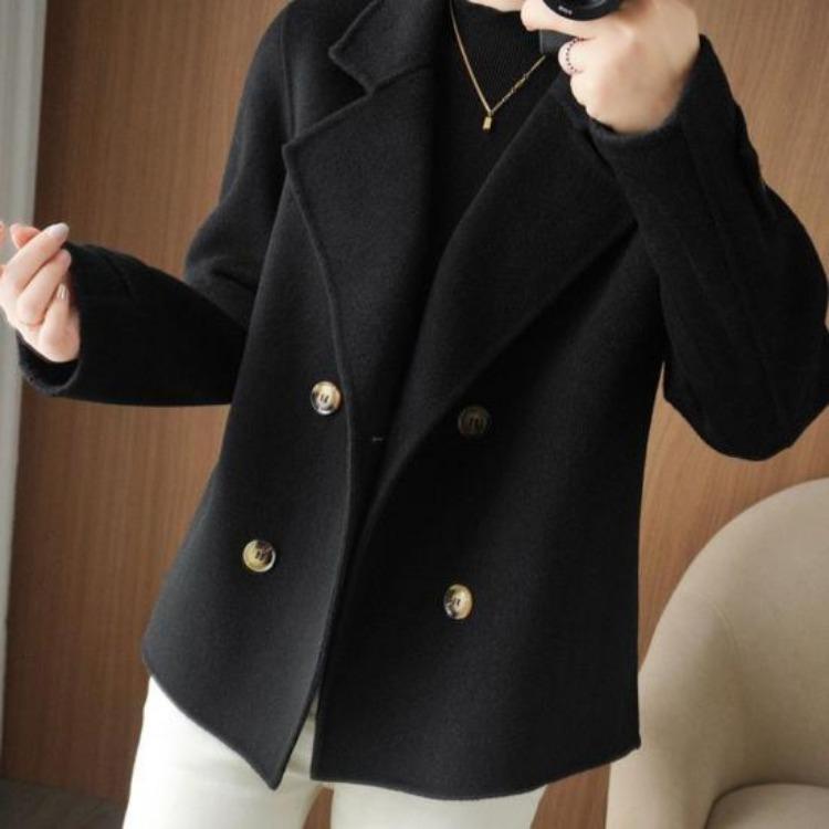 Women Double Breasted Woolen Coat Fall Winter Long Sleeve Thickened Warm Loose Lapel Solid Color Formal Business Style