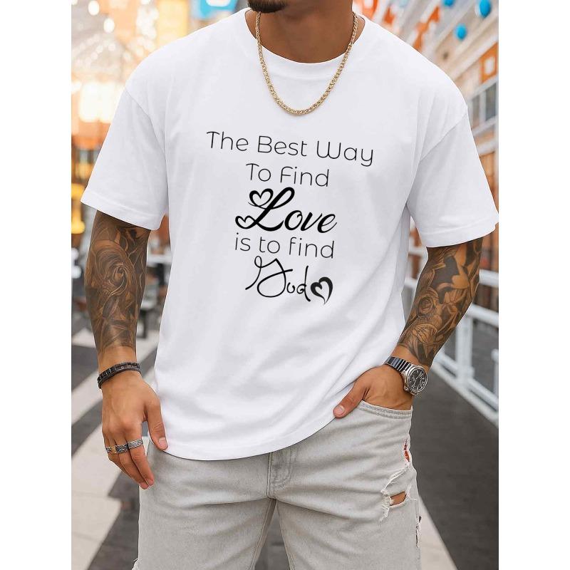 

European Size Men Find Love Find God T-Shirt - White Short Sleeve Crew Neck Casual Tee with Religious Print, Breathable Comfortable Elastic Fabric S белый