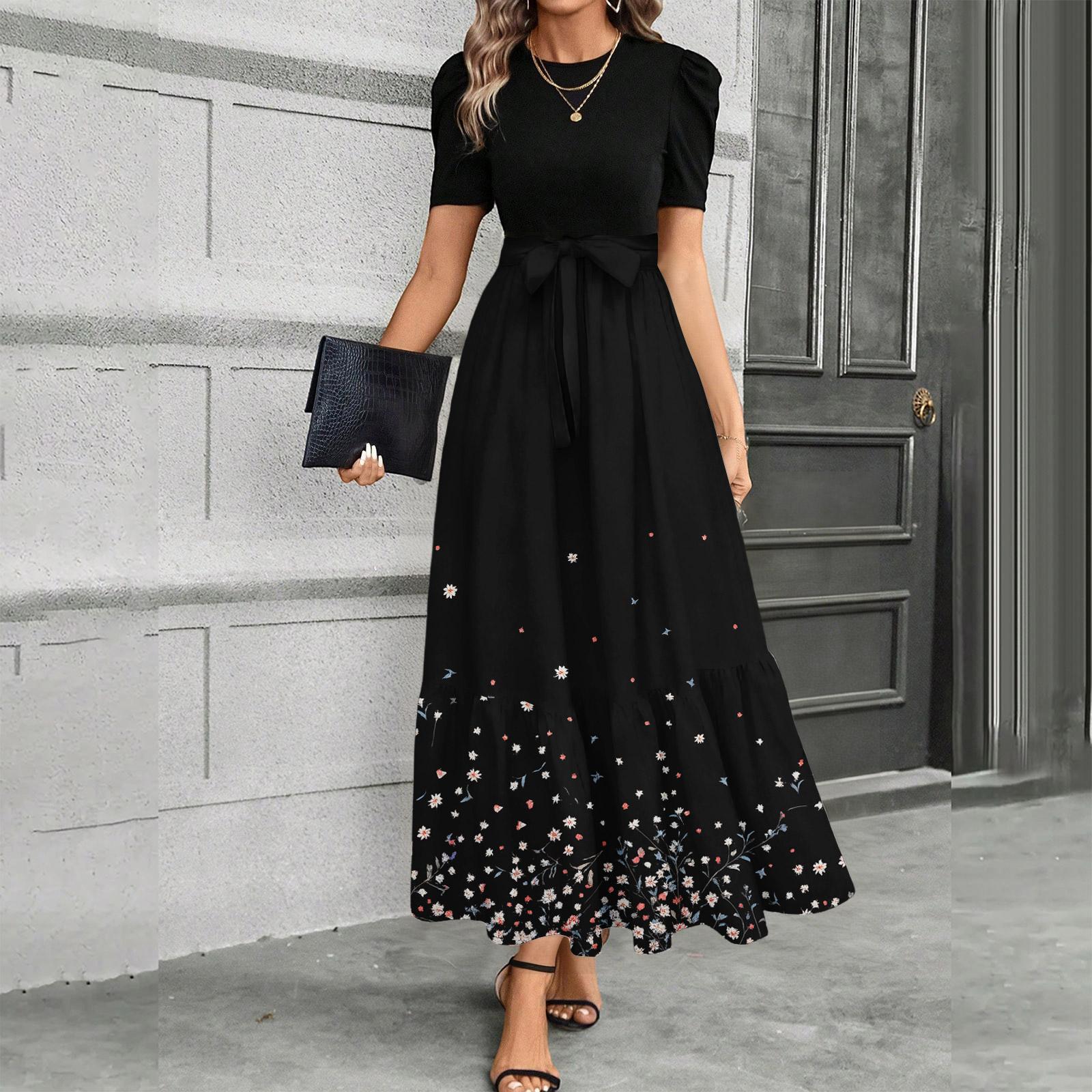 

Женское платье с коротким рукавом, повседневное, свободное, А-силуэта, миди, футболка-платье с карманами, круглый вырез, для отдыха, в стиле бохо, пляжный сарафан L чёрный