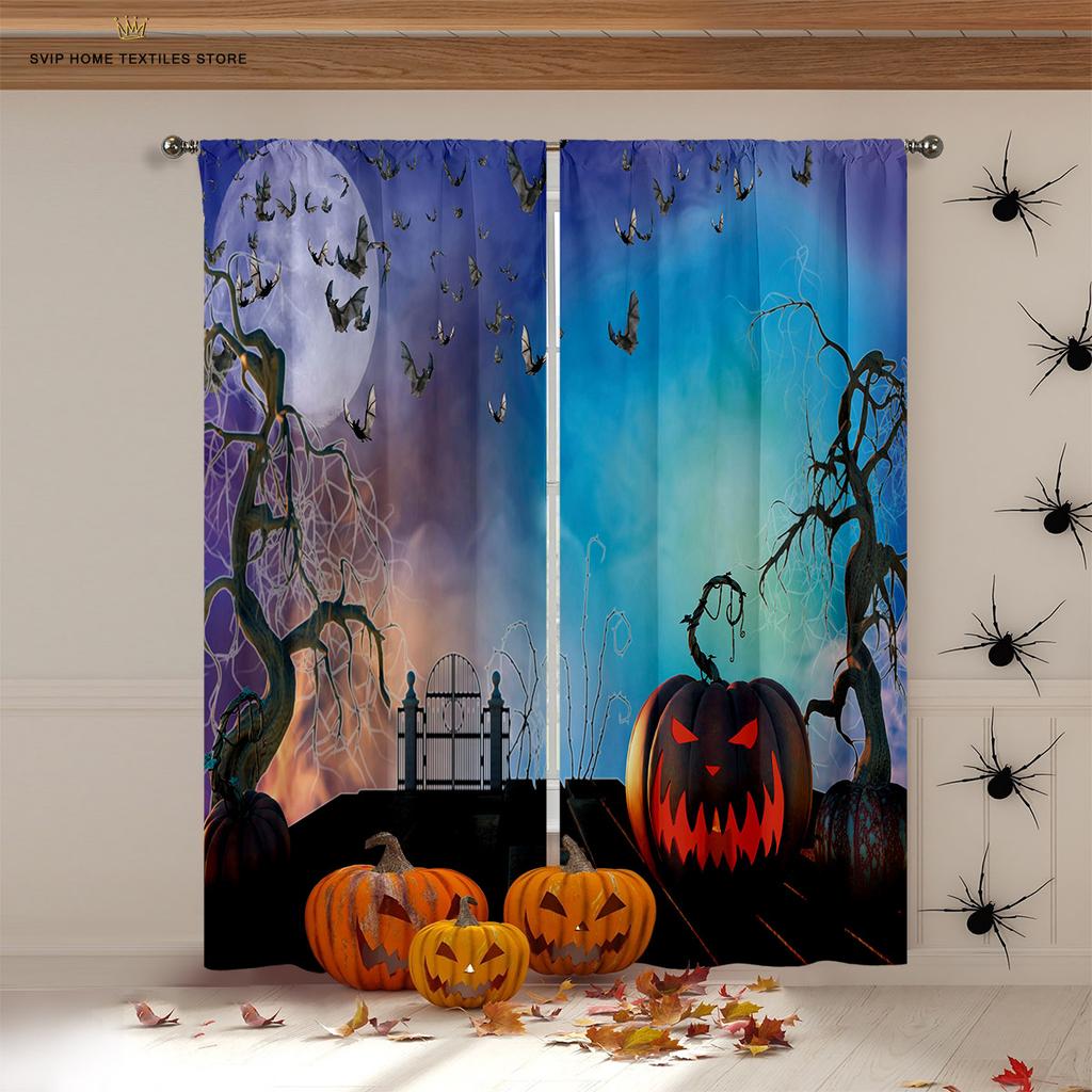 Halloween Horror Pumpkin Cartoon Print Curtains, Blackout, Heat Insulation, Restaurant, Bedroom, Party Decoration