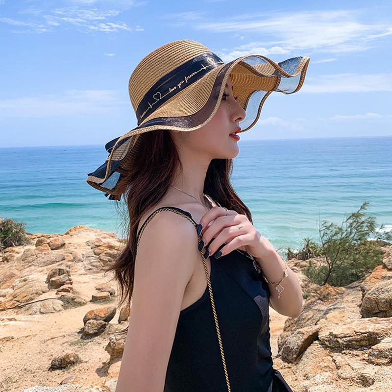 Fashion Flat-Topped Straw Hats Girls Wide Brim Sun Hat Outdoor Lace Bow Strap Lightweight Uv Protection Beach Cap