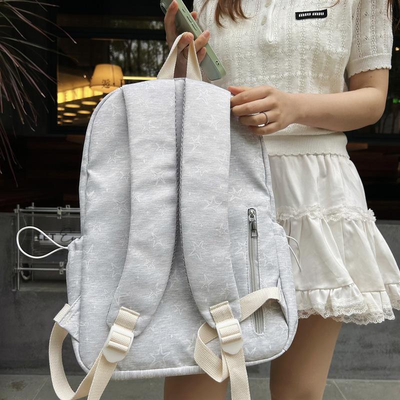 Schoolbag Starlight Fog Ash Low Saturation Polka Dot Star Backpack Student Party Daily Out on the Street Light Commuter Large Capacity School Bag