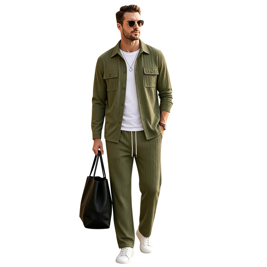 Men's Casual 2-Piece Sport Outfit with Lapel Jacket Button Pockets and Straight Leg Pants