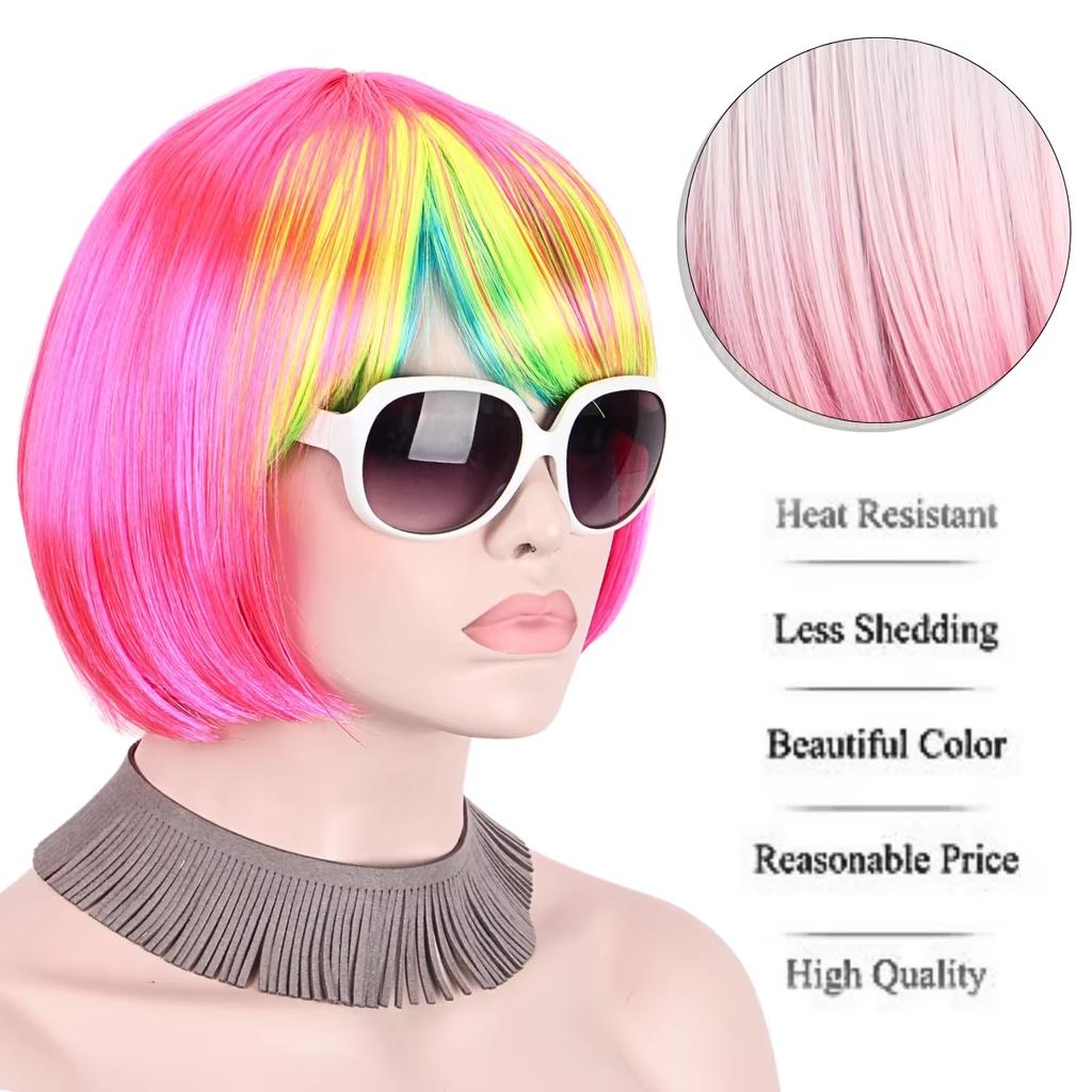Colorful bangs short straight hair synthetic wig festival party cartoon party daily wear