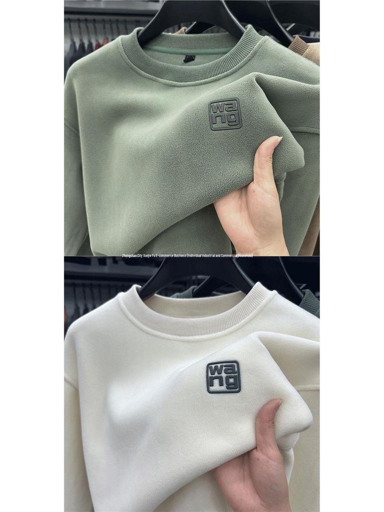 Men's Double-Sided Fleece-Lined Round Neck Sweatshirt - Solid Color, Winter Fashion