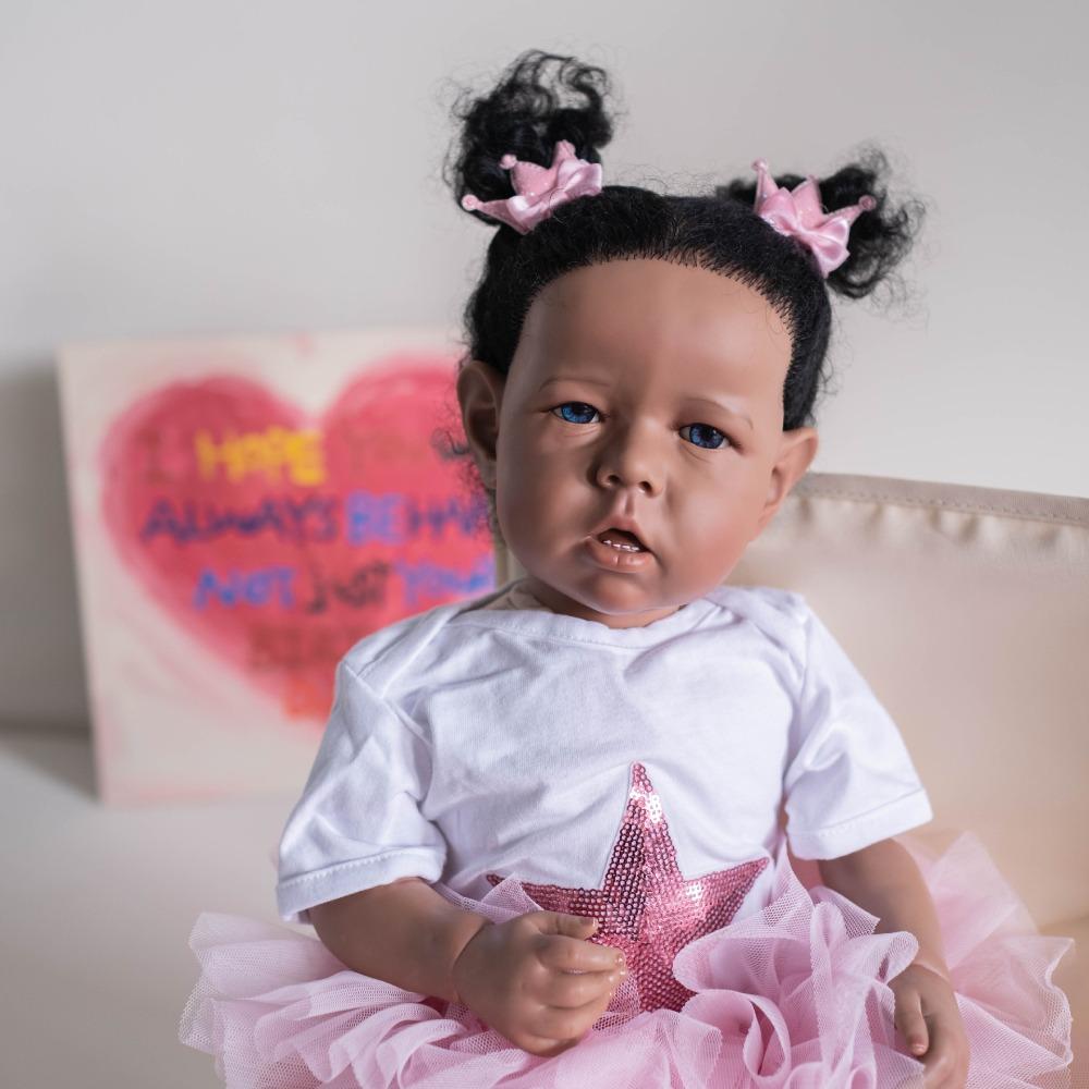 20'' 50 Cm Reborn Girl Baby Dolls Liam with Dark Skin Soft Cloth Body Simulation Dolls Handmade Rooted Curly Hair Lifelike Rebirth Doll Kids Xmas Gift