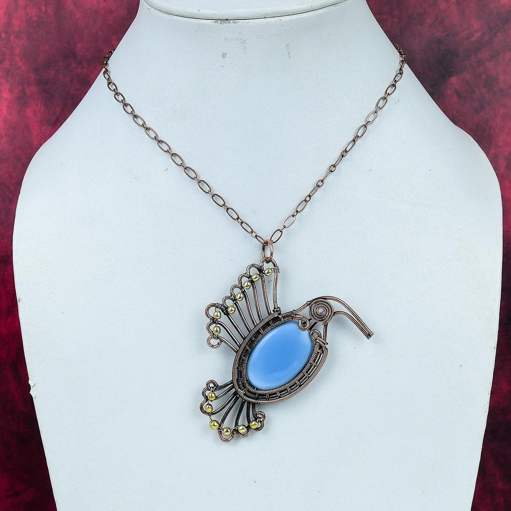 Owyhee Blue Opal Gemstone Pendant Copper Wire Wrapped Bird Jewelry Unique Pendant