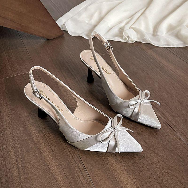 Pointed thin heel French sandals women's summer wear 2025 spring and summer new fashion bag head bow high heel shoes
