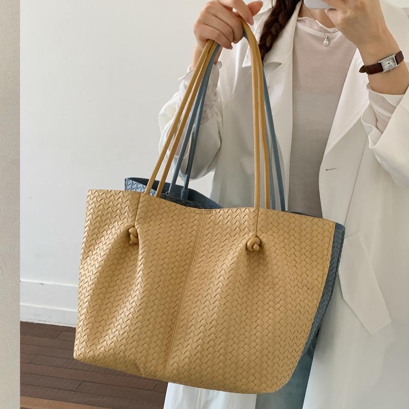 Borsa tote in trama tessuta di grande capacità, borsa a doppio strato casual e alla moda per il pendolarismo, elegante borsa a spalla singola