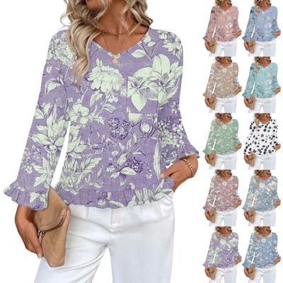 Women's Casual Fashion Ruffled V-Neck Pocket Floral Print Long Sleeve Top