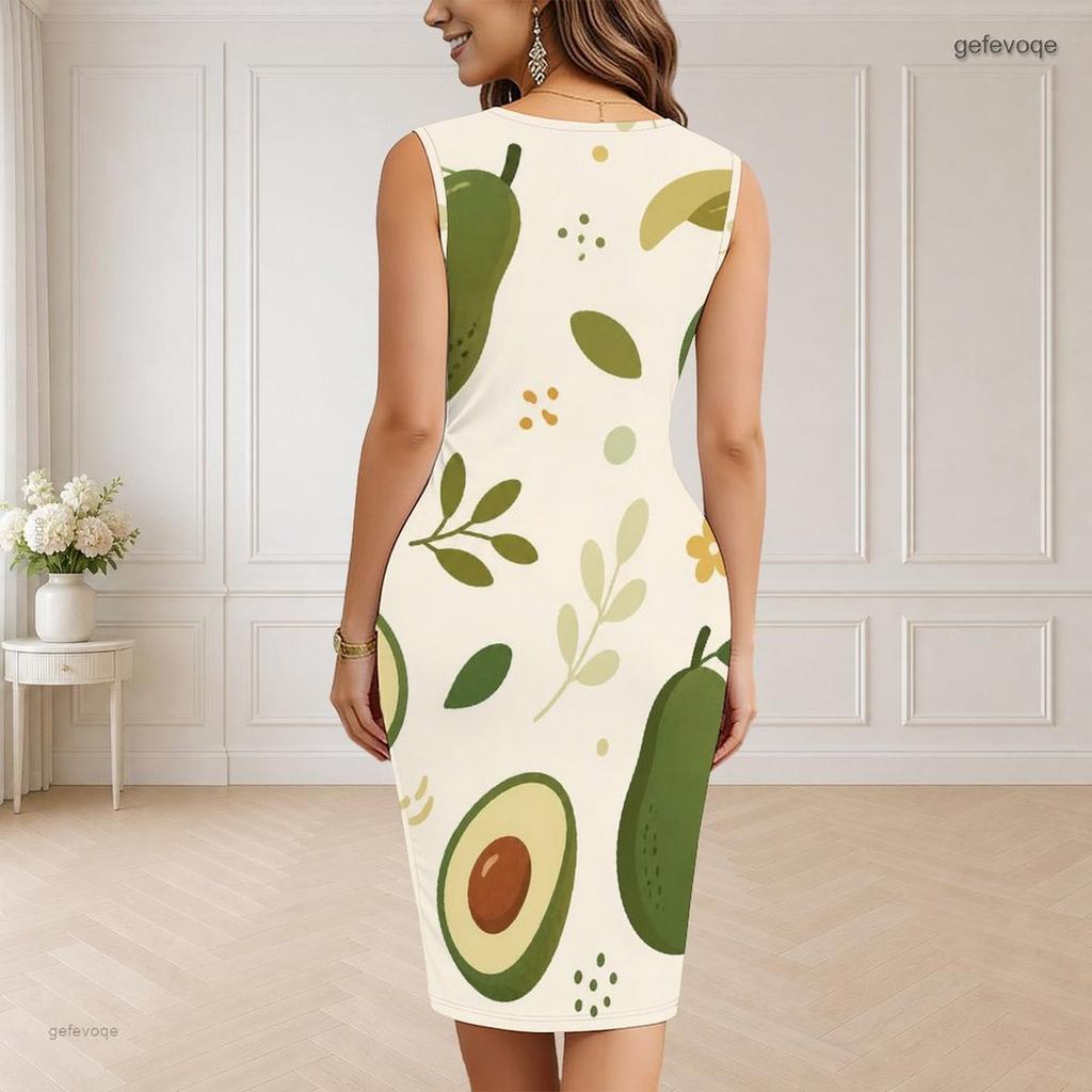 Women Plus Size V Neck Sleeveless Fruit Leaf Printed Bodycon Midi Dress