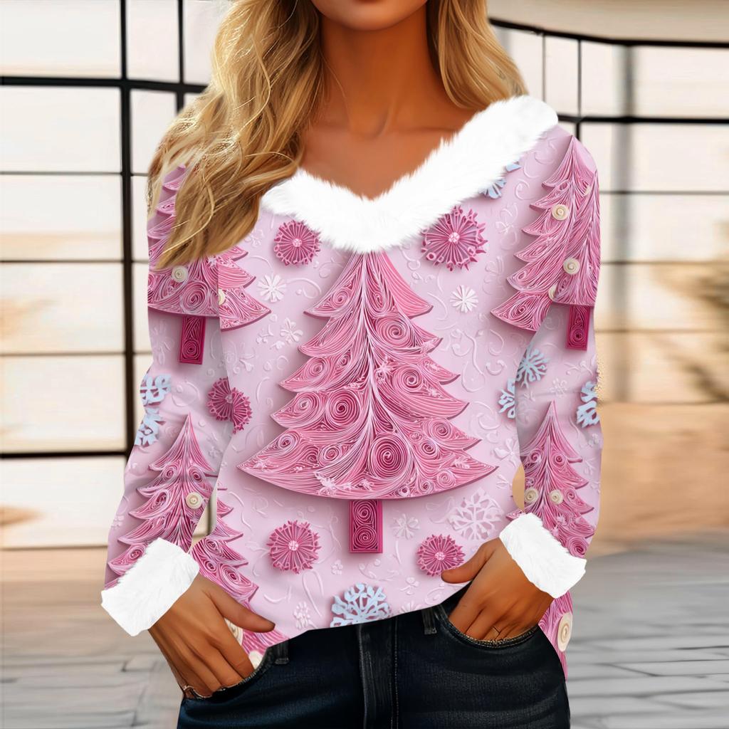 Women's Casual Fashion Long Sleeve Christmas Printed Flannel Collar Top