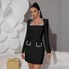 Rhinestone Inlaid Square Neck Bandage Dress - Women's European & American Evening Dress