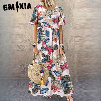 Women's Fashion Summer Spring Solid Color Print Short Sleeve O-Neck High Waist Casual Dresses