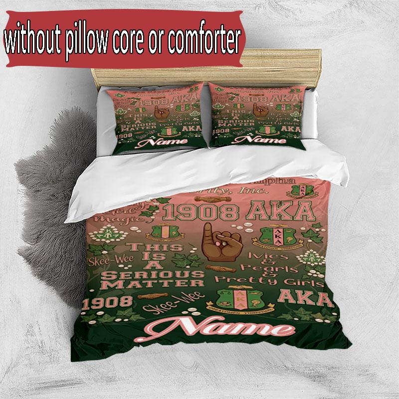 3pcs Duvet Cover Set (1*Duvet Cover + 2*Pillowcase, Without Core), Custom Name Alpha Kappa Alpha Pattern Bedding Set, Home Bedroom Decor Gift