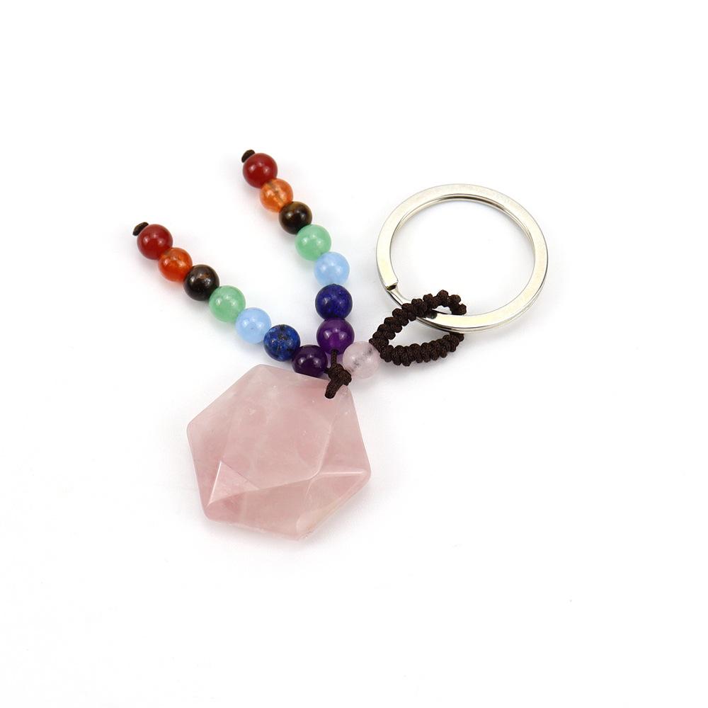 Natural Crystal Stone Hexagram Keychain Pendant Colorful Chakra Beaded Luggage Pendant K44