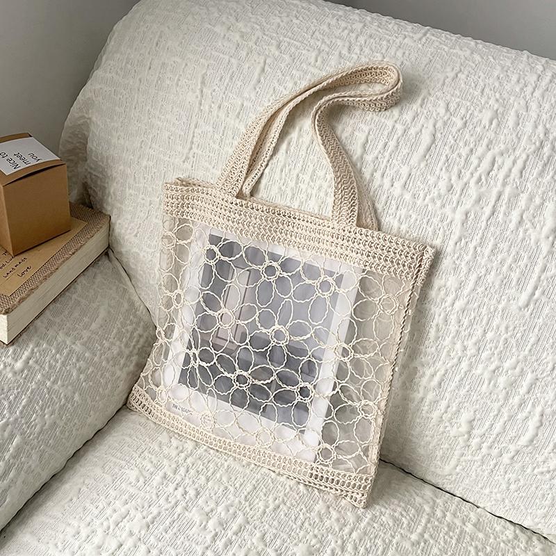 Summer Boho Essential Lace Mesh Crochet Tote Bags for Women Trend Youth Handbags Transparent Hollow Out Shoulder Bags
