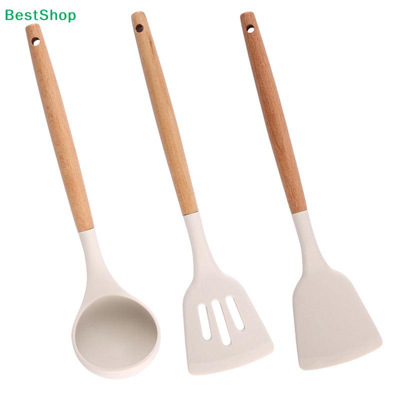 Silicone Kitchen Utensil Set with Wooden Handles - Heat Resistant Spatula and Ladle for Nonstick Cookware