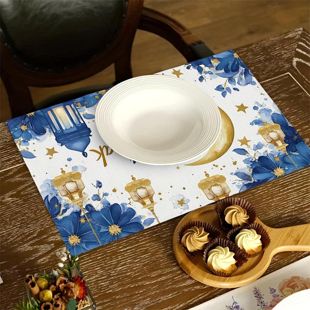 Ramadan Kareen Star Moon Lantern Linen Placemats Table Decor Reusable Eid Mubarak Kitchen Dining Table Mat Ramadan Decorations