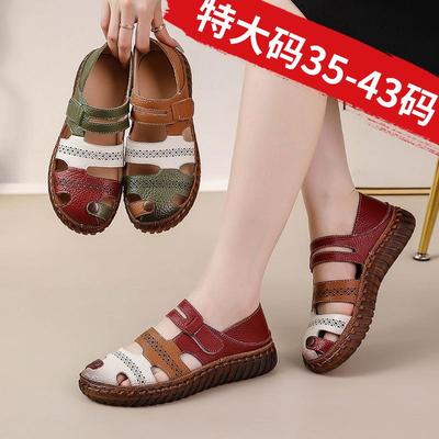 Dames Sandalen van Echt Leer Koeienhuid - Antislip Zachte Zool, Comfortabel Plat, Grote Maat 43, voor Middelbare en Oudere Dames.