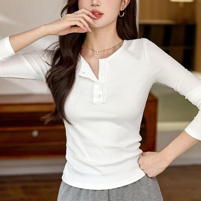T-shirt à Manches Longues Boutonné au Sens du Design Chic pour Femmes Nouvel Automne et Hiver Col Semi-ouvert Haut en Pur Coton