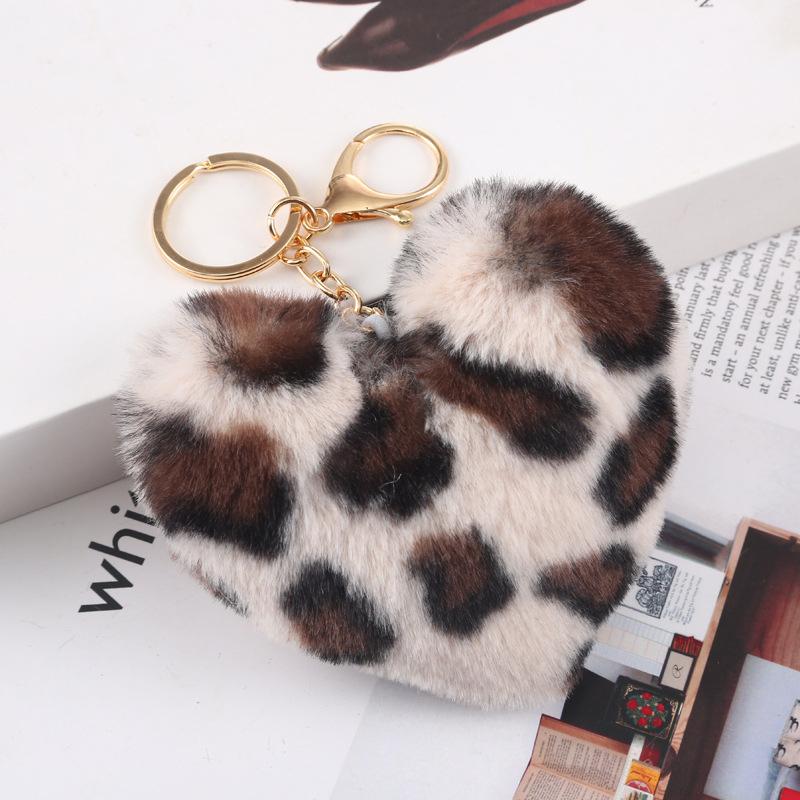 Fashion Cute Fluffy Heart Fur Keychain Soft Plush Leopard Print Pendants Kawaii Bag Car Charm Stuffed Toy Valentine'S Day Gifts