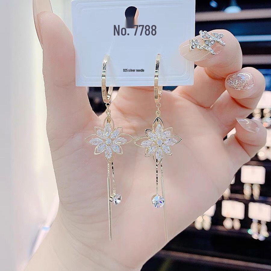 Korean Style Crystal Flower Tassel Earrings: Elegant, Face-Slimming, Fashionable, Long, Trendy Women's Accessory