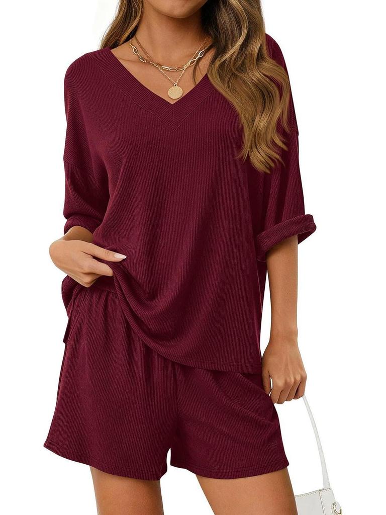 European & American Women's Summer Casual Two-Piece V-Neck Short-Sleeve Top and Shorts Set for Travel and Beachwear 2026