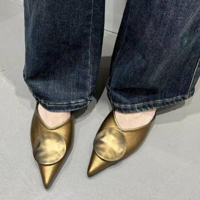 Módní Baotou ploché sandály jaro nové špičaté mělké ústa kovová přezka měkká podrážka protiskluzové odolné pantofle