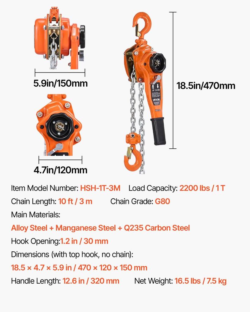 Manual Lever Chain Hoist, 1T 1000KG Capacity Heavy Duty Come Along, 3M Lift G80 Alloy Steel Chain With Dual Pawl Mechanical Brake, 360° Rotating