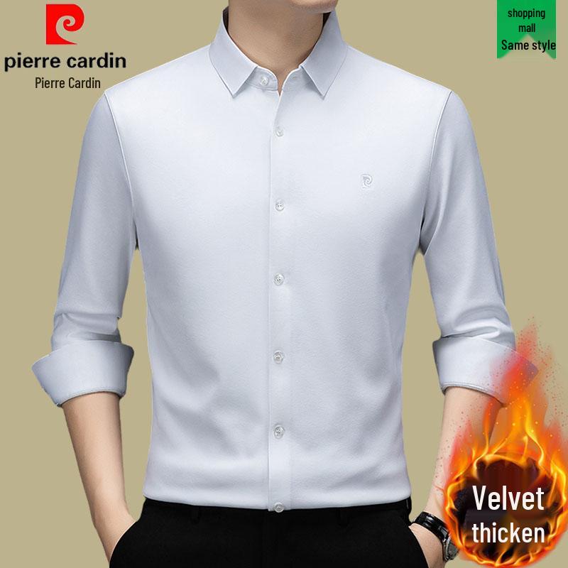 Pierre Cardin Men's Long Sleeve Mulberry Silk Shirt - Iron-Free, Plus Velvet, High-End Business Casual for Autumn/Winter