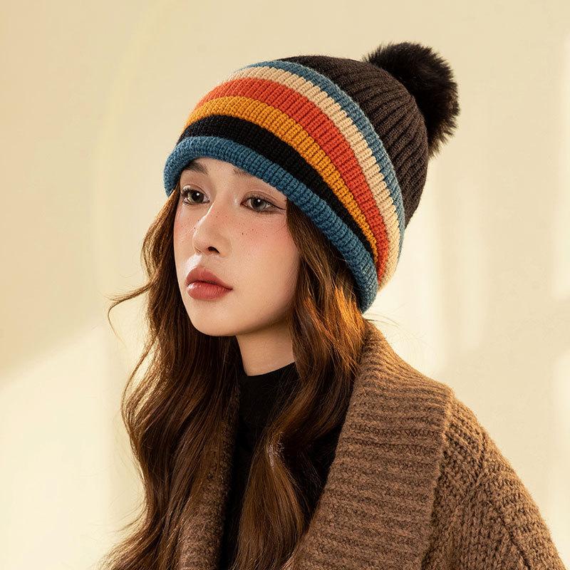 Rainbow Mixed Color Knitted Warm Hat Women's Fleece Warm Ear Protector Hairball Hat Dopamine Face Small Wool Hat