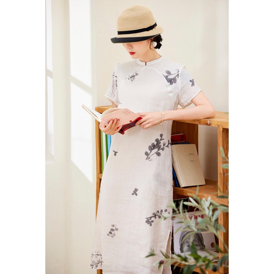 

Летнее женское ретро-платье из рами с принтом, воротником-стойкой и короткими рукавами, для путешествий, 2022 Large