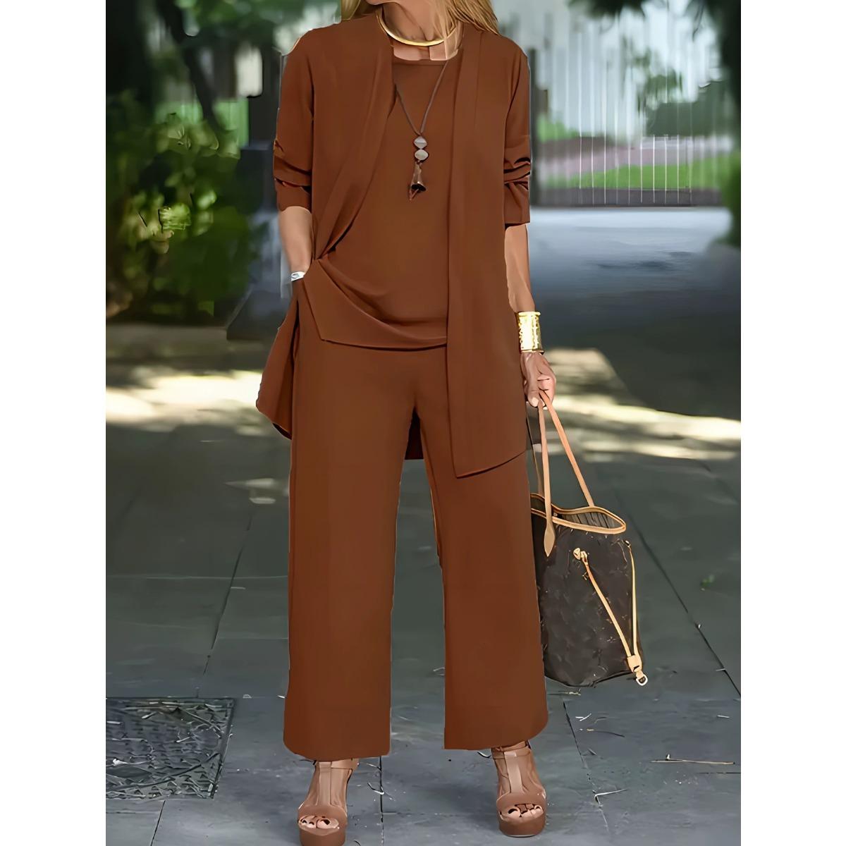 

Женский комплект из 3 предметов, кардиган с принтом, топ на бретелях однотонного цвета, повседневные брюки, повседневный комплект 4XL темно-коричневого