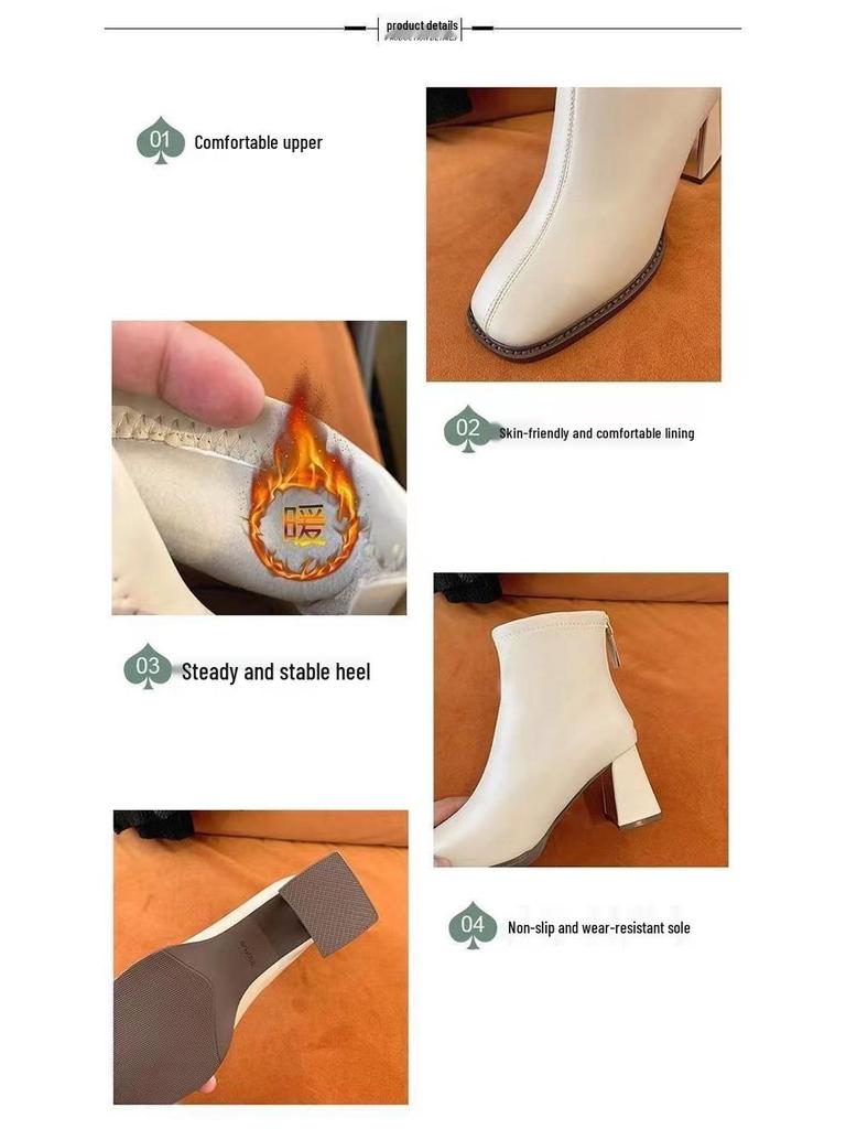 Women's French Skinny Martin Boots - 2025 Autumn/Winter, Chunky Heel, Square Toe, Short Tube, Korean Style, Fashionable, Versatile, Slimming.