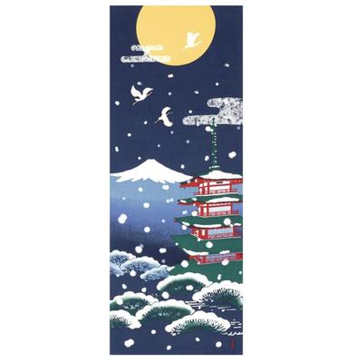 HAMAMONYO Bild Tenugui Wandteppich Fünfstöckige Pagode & Fujiyama mit Schnee