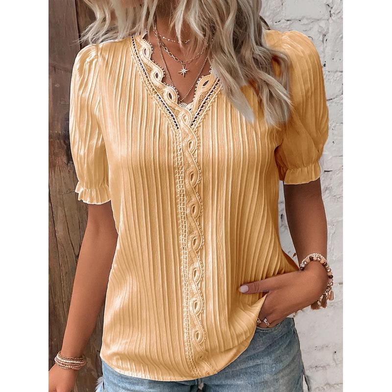 2023 Summer Women's European and American Fashion Hollow Short-Sleeve Shirt