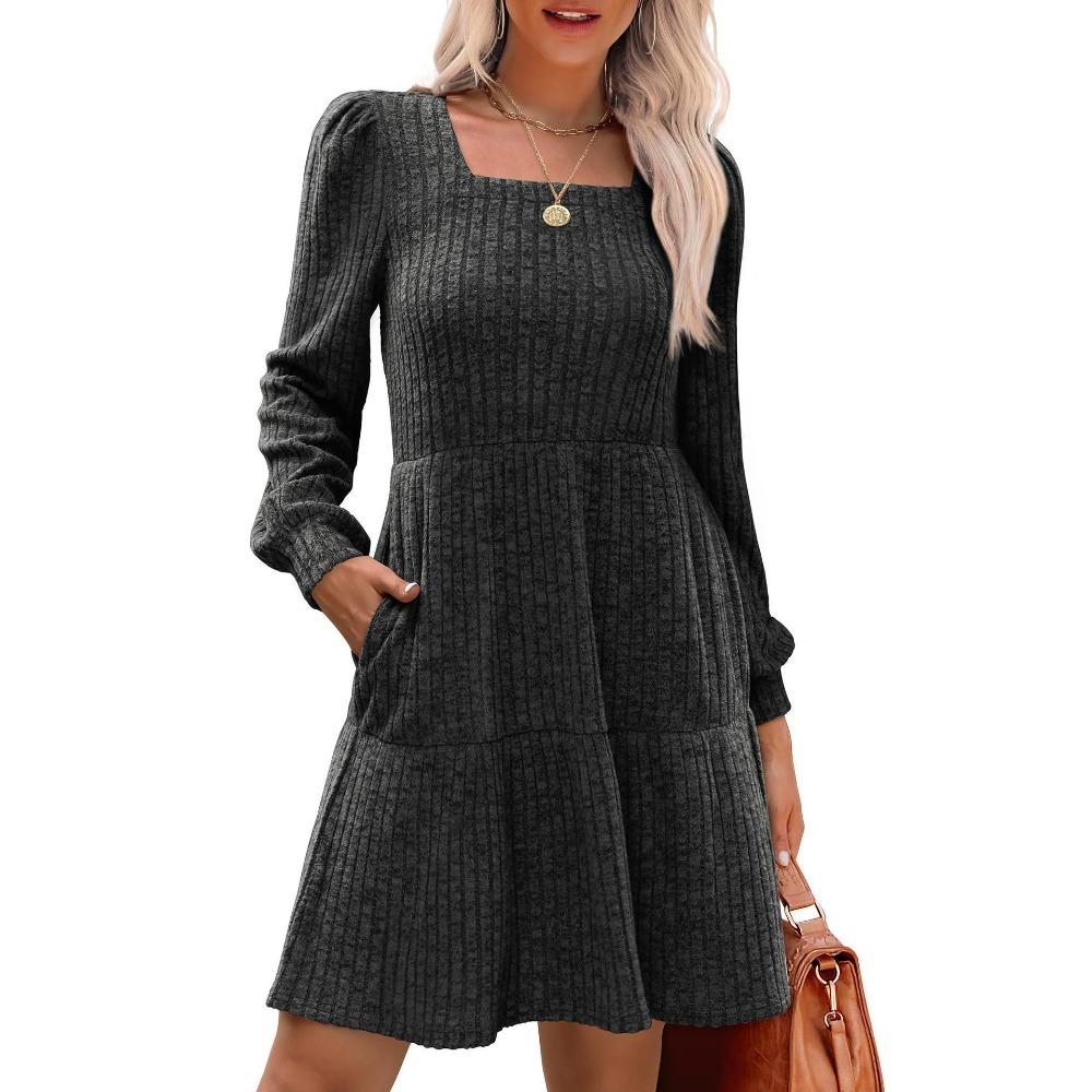 Women s Square Neck Long Sleeve Mini Dress Loose Fit Empire Waist Casual Knit Sweater Dress With Side Pockets S чёрный