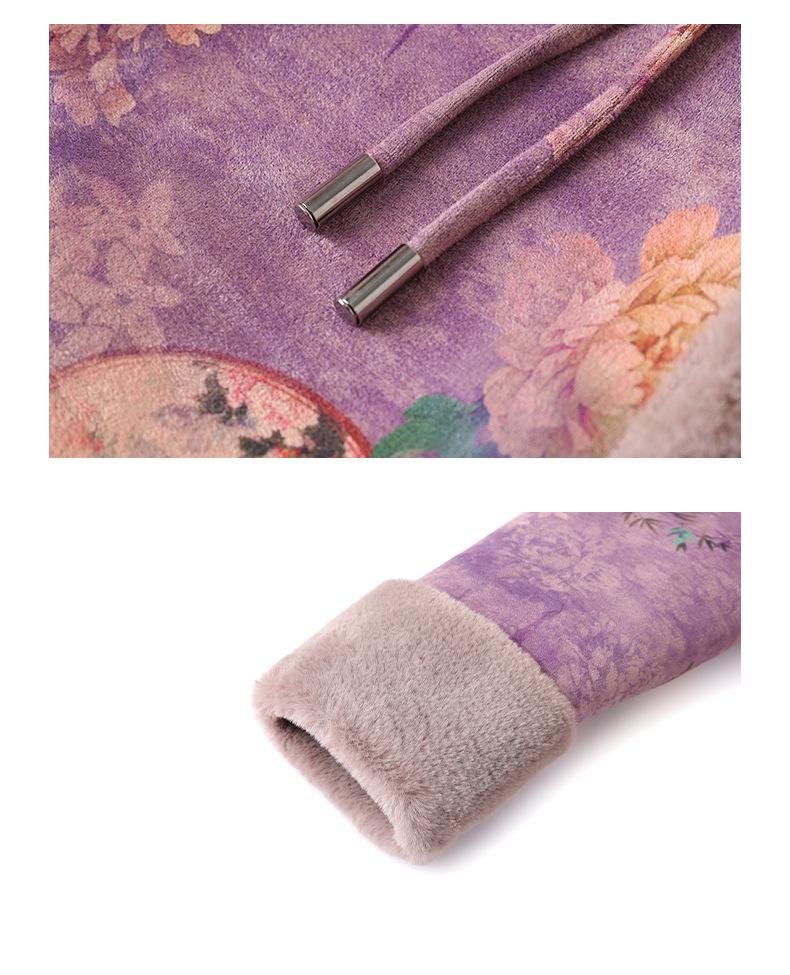 Velvet Plus Ancient Style Print Warm Jacket for Middle-Aged & Elderly Women - Winter Casual Wear
