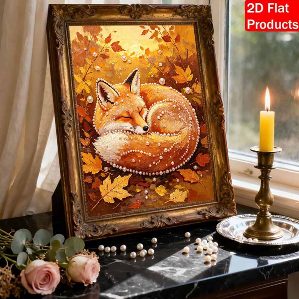 Sleeping Fox Autumn 5D Pearl Painting Kit with Frame DIY Sparkling Bead Canvas Art Relaxing Craft for Girls Room Decor Home Wall Art