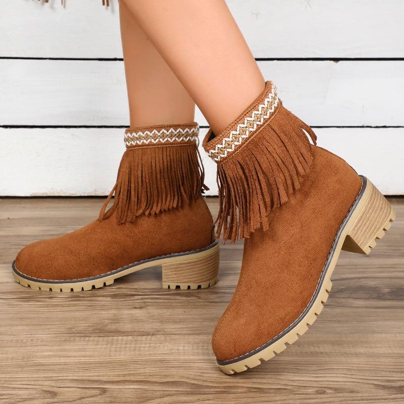 2024 Women's Medium Low Heel Bohemian Motorcycle Boots Tassel Cowboy Boots Spring and Autumn Tassel Women's Boots High Heels