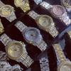 ICEDIAMOND 42mm Ice Out Baguette CZ Diamond Calendar Wristwatch Gold Plated Zirconia Round Dial Quartz Bangle Men's